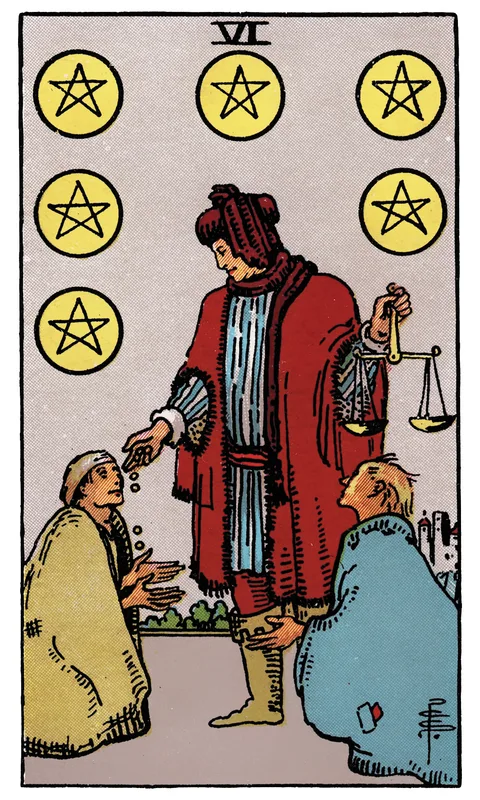 Six of Pentacles, Minor Arcana card from the Rider-Waite-Smith tarot