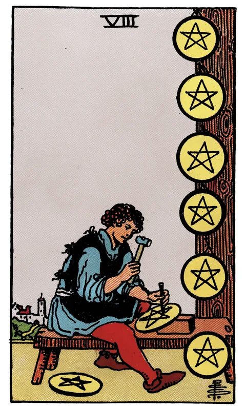 Eight of Pentacles, Minor Arcana card from the Rider-Waite-Smith tarot