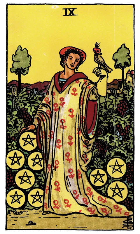 Nine of Pentacles, Minor Arcana card from the Rider-Waite-Smith tarot