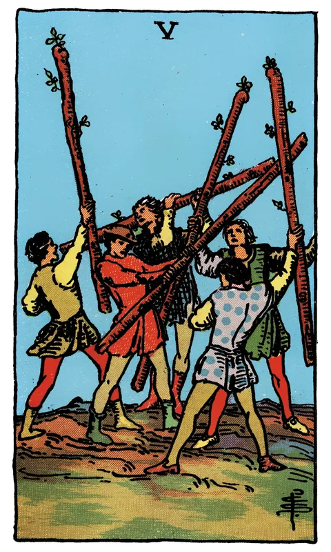 Five of Wands, Minor Arcana card from the Rider-Waite-Smith tarot